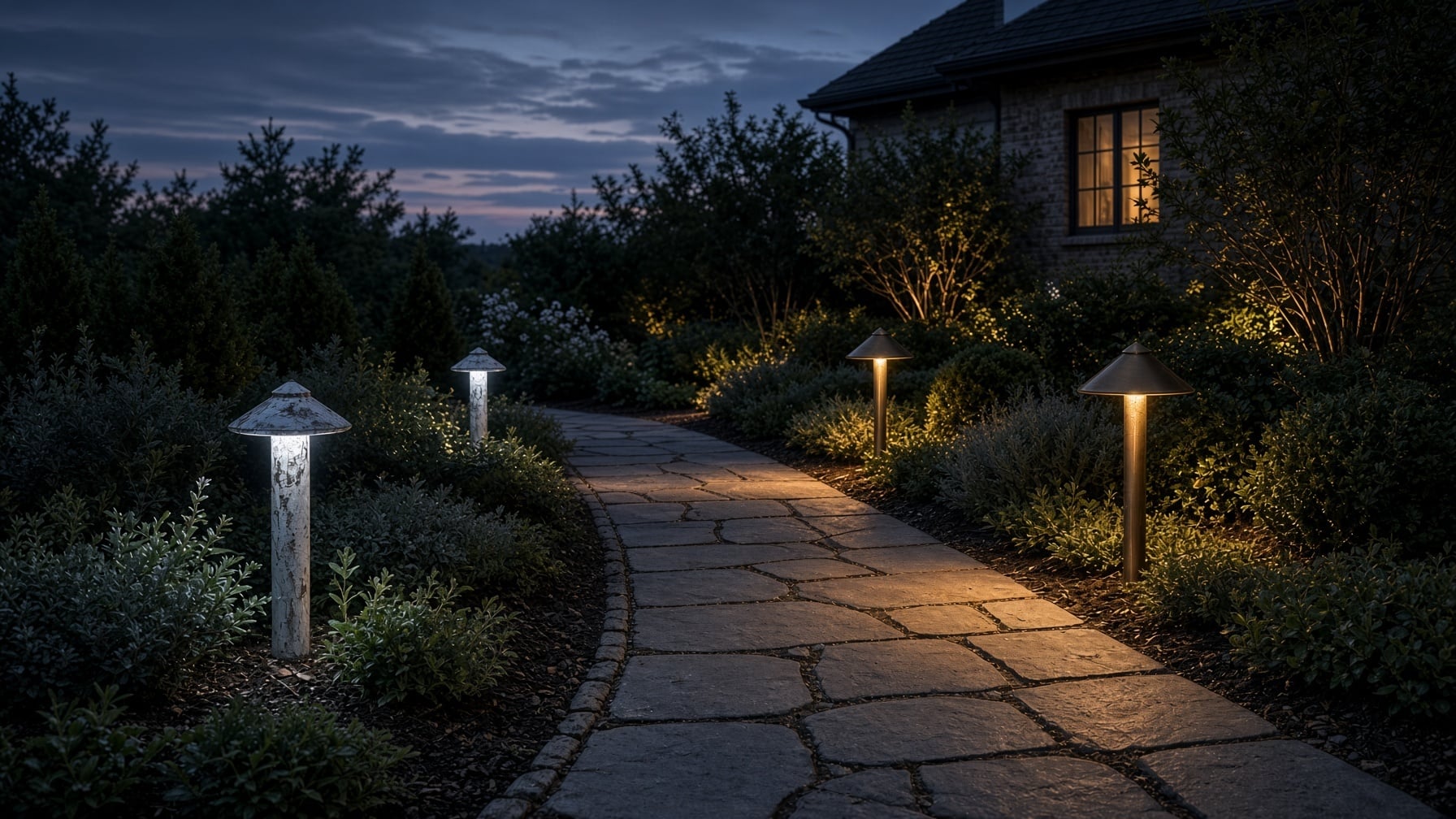 Same path at dusk: one run of weathered brass hats, even color, even aim