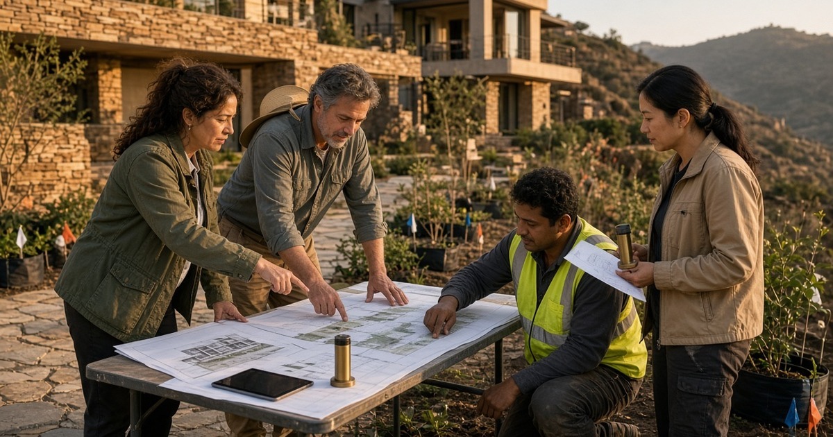 architect, landscape architect, installer, and manufacturer reviewing the same sheet before fixture locations are locked
